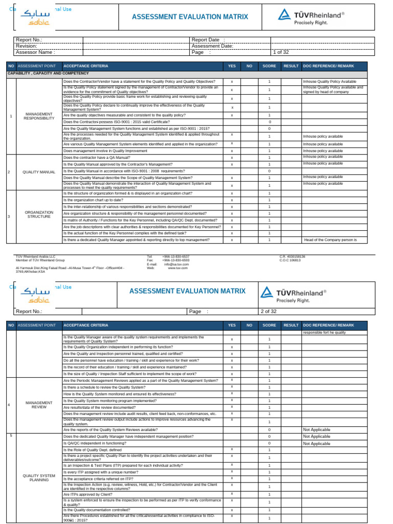 EHSS Assessment Evaluation Matrix | PDF | Calibration | Specification ...