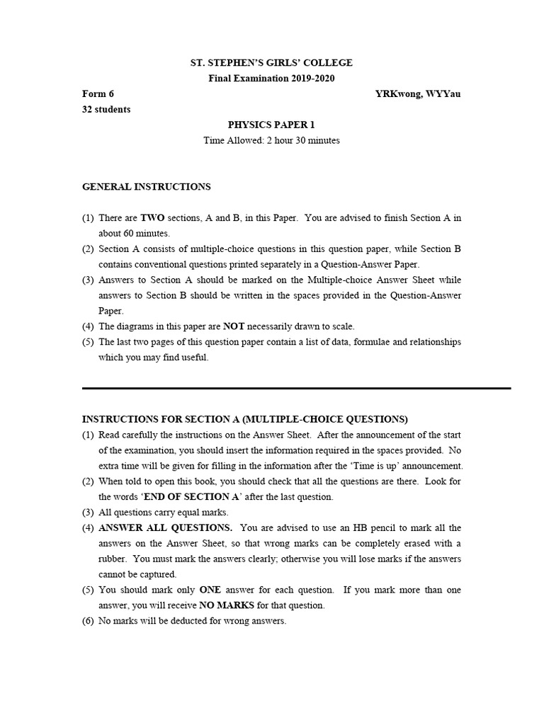 Physics Final Exam Paper 1 2019-2020 | PDF | Photoelectric Effect ...