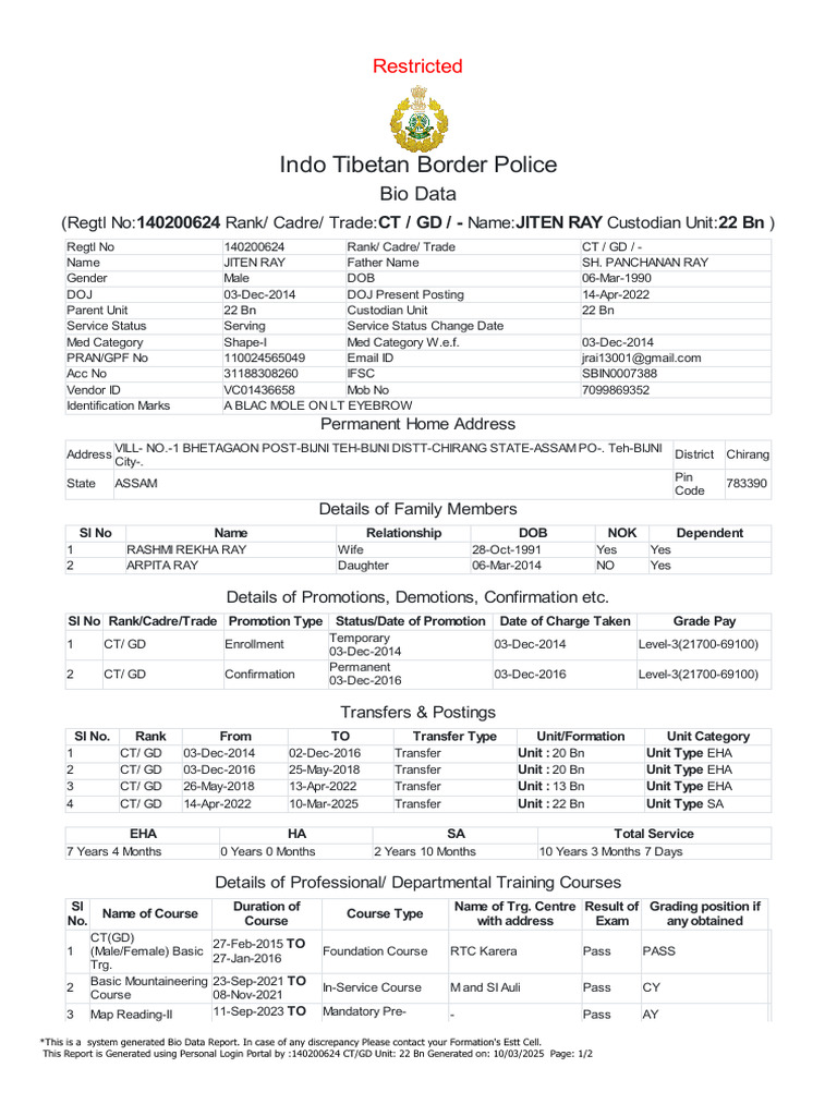 Indo Tibetan Border Police: Bio Data | PDF