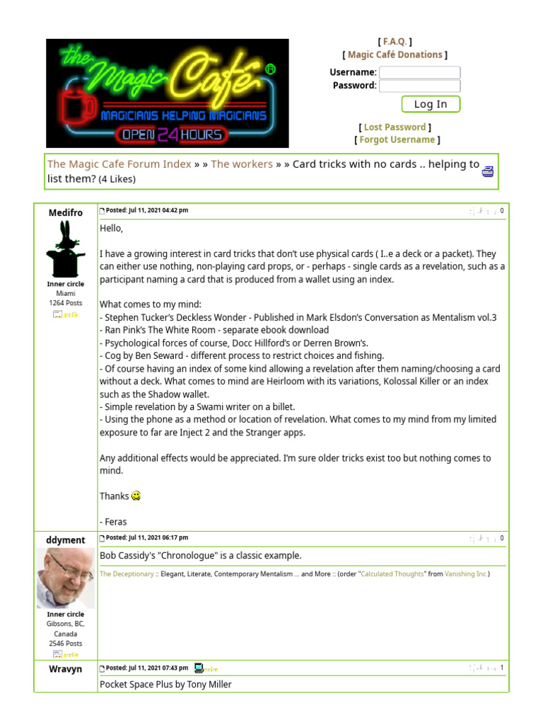 The Magic Cafe Forums - Card Tricks With No Cards .. Helping To List ...