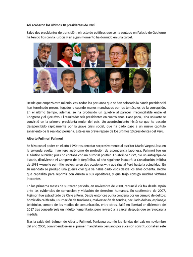 Últimos 10 presidentes de Perú y su destino | PDF | Perú | Gobierno