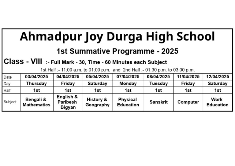 Class 8 Summative Schedule 2025 | PDF