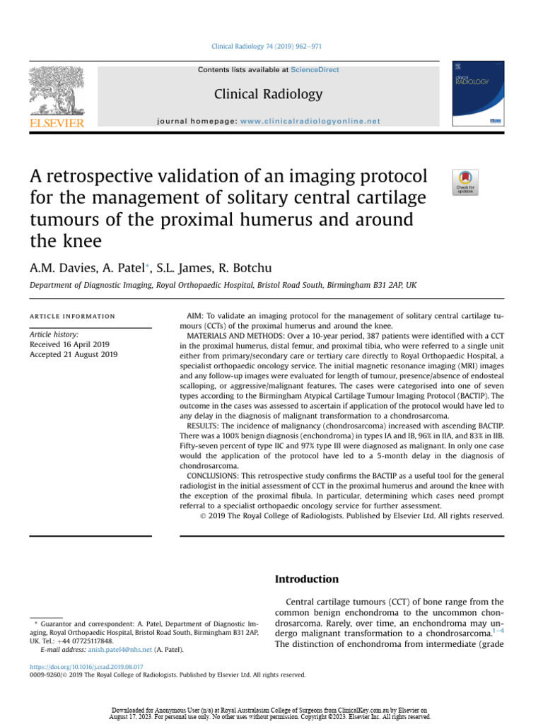 Validating BACTIP for Cartilage Tumours | PDF | Medical Imaging | Radiology