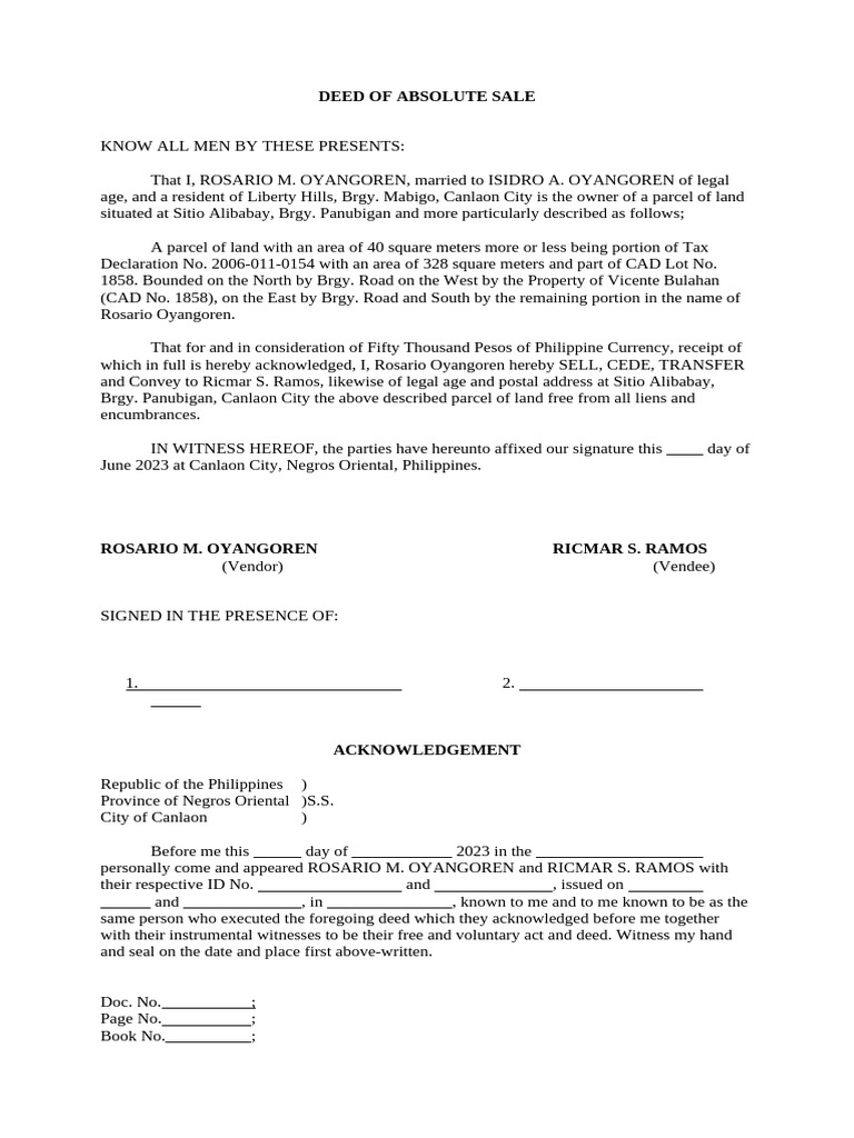 Deed of Absolute Sale for Land Transfer | PDF