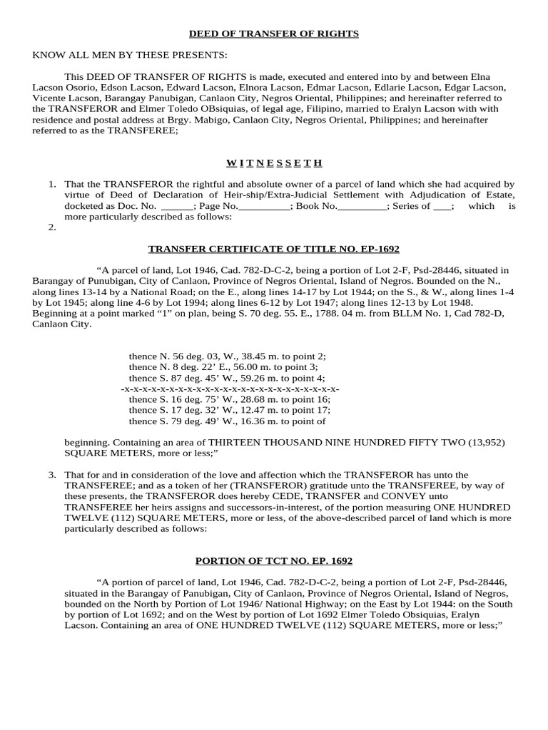 Deed of Transfer of Rights in Philippines | PDF | Property Law | Legal ...