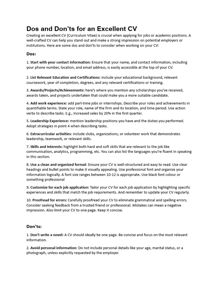 CV Writing Dos and Don'ts Guide | PDF | Proofreading | Learning