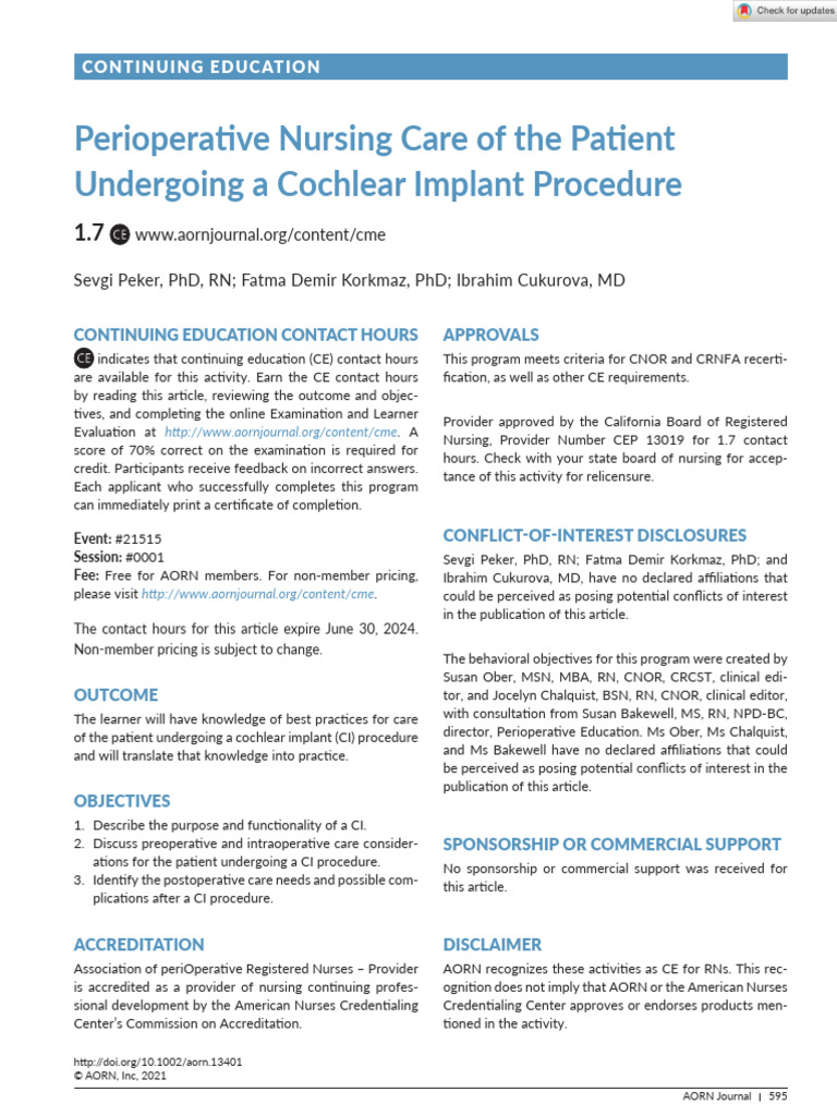 Cochlear Implant Nursing Care Guide | PDF | Surgery | Perioperative
