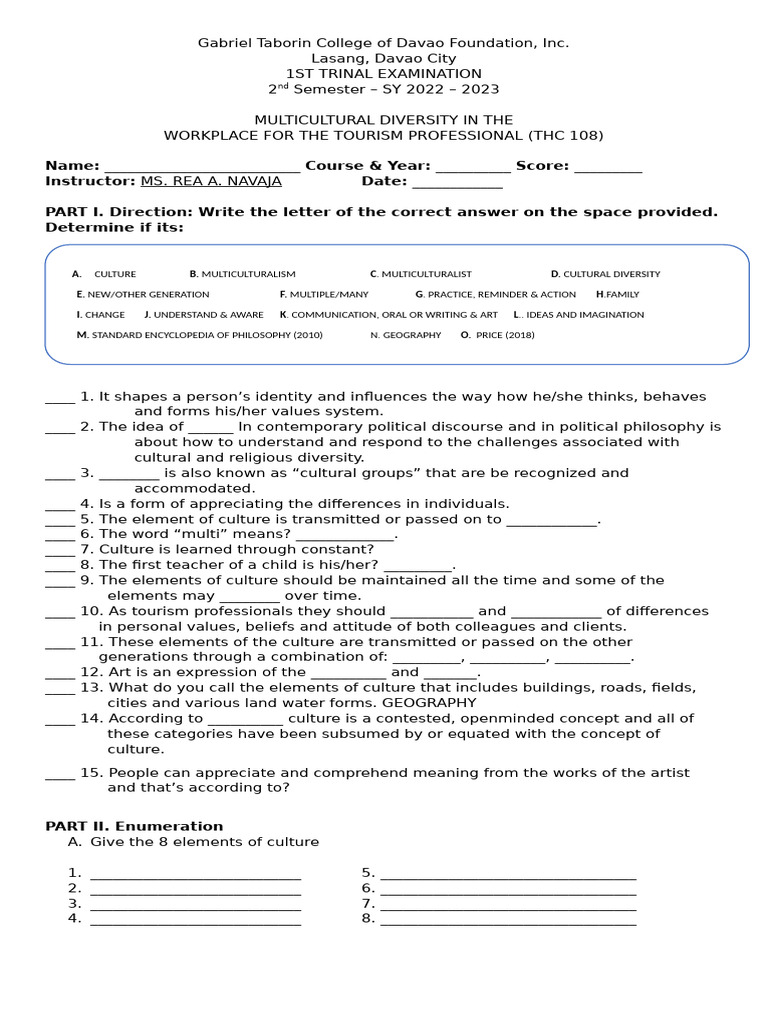 Trinal Exam on Multicultural Diversity | PDF | Liberal Arts Education ...