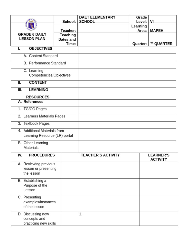 Grade 6 MAPEH Daily Lesson Plan | PDF