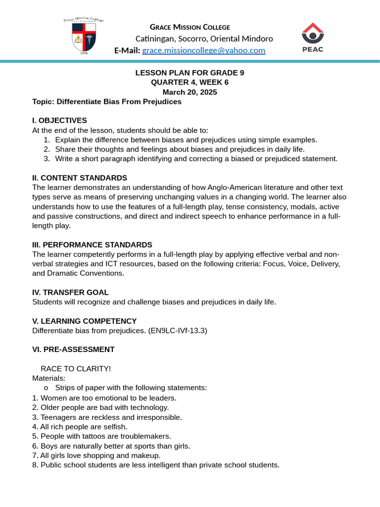 Grade 9 Lesson Plan: Bias vs. Prejudice | PDF | Bias | Prejudices