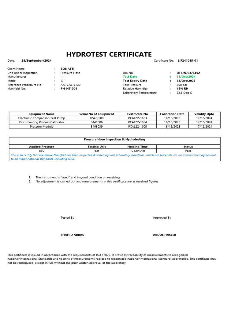 Hydrotest Certificate for Pressure Hose | PDF | Calibration ...