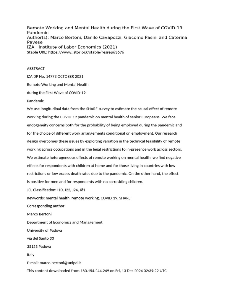 Remote Working and Mental Health During The First Wave of COVID | PDF ...