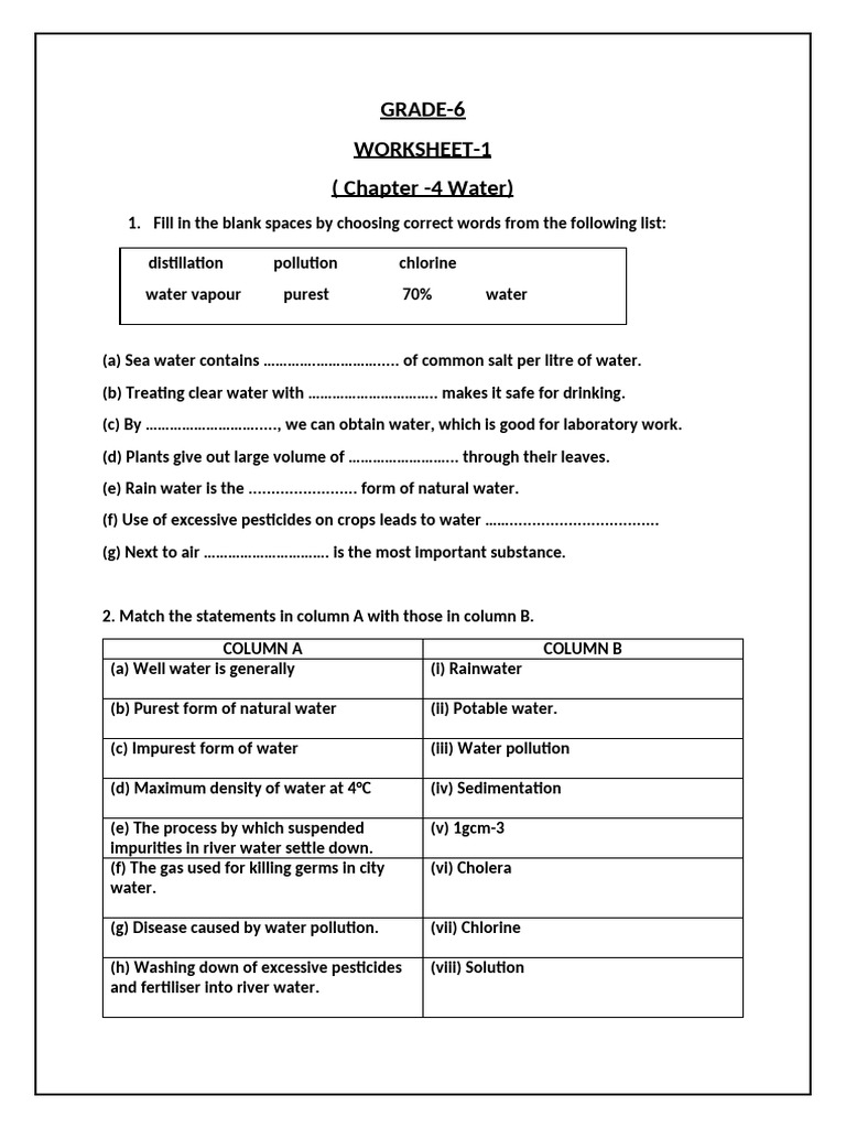 Water Form Worksheet for Grade 6 | PDF | Water | Solubility