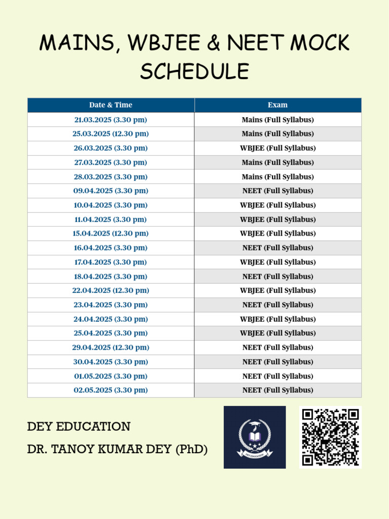 WBJEE & NEET Mock Exam Schedule 2025 | PDF