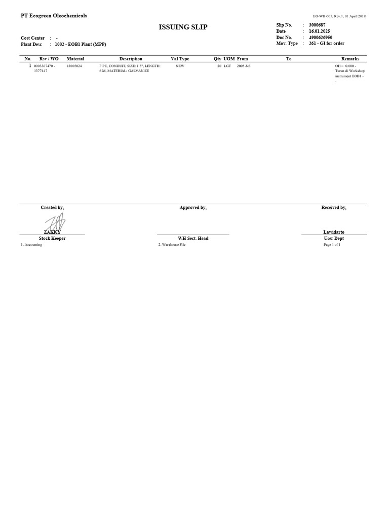 EOB1 Plant Issuing Slip Details | PDF