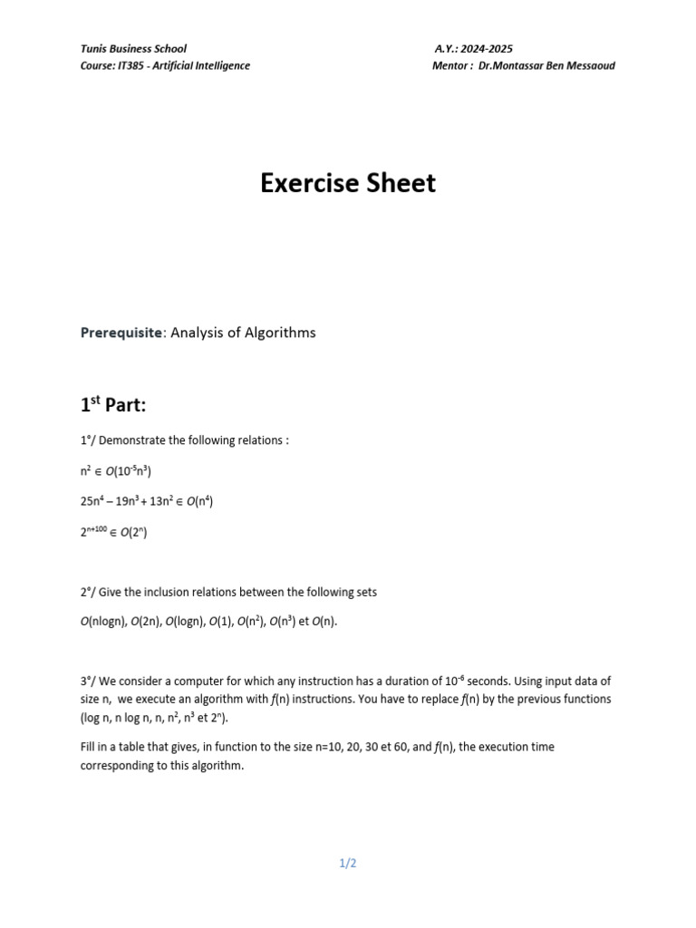 AI Course Exercise Sheet for IT385 | PDF