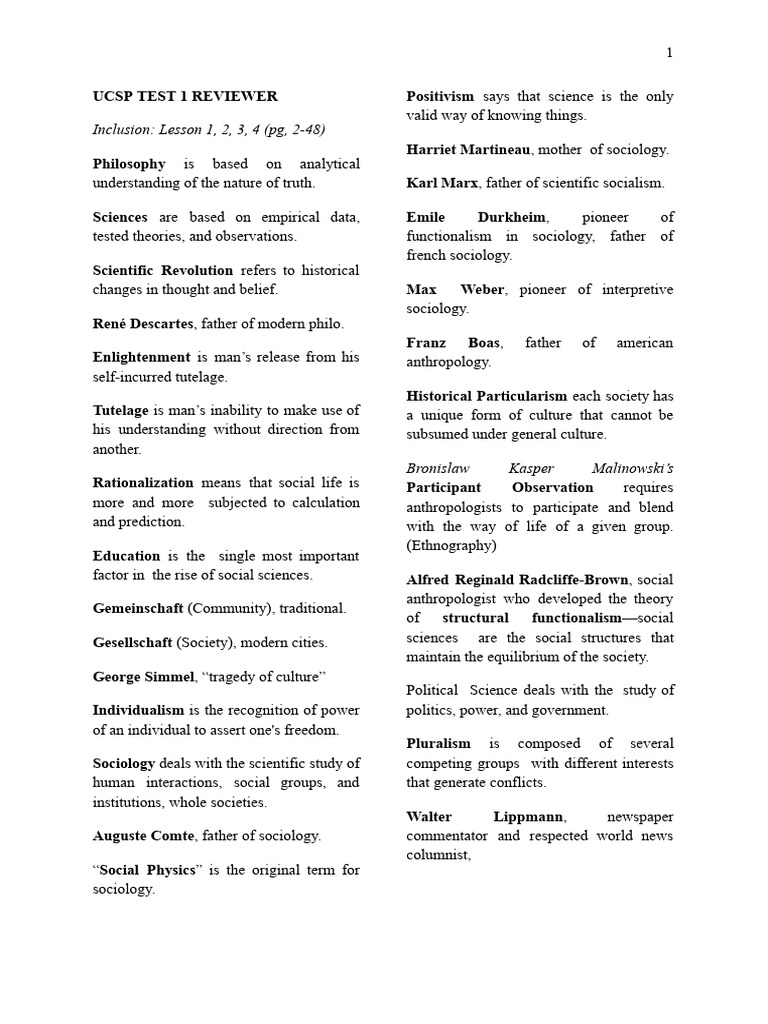 UCSP Test 1 Review: Key Concepts | PDF | Family | Sociology