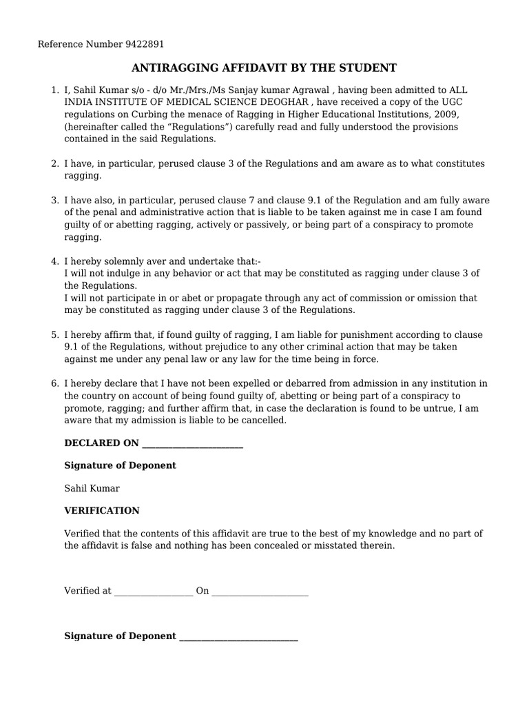 Anti-Ragging Affidavit Template | PDF | Affidavit | Justice