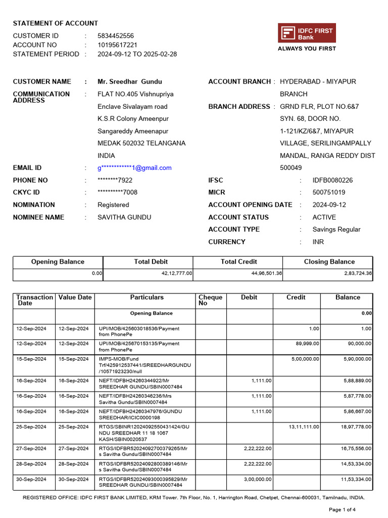 IDFCFIRSTBankstatement 10195617221 123623145 | PDF | Banks | Debit Card