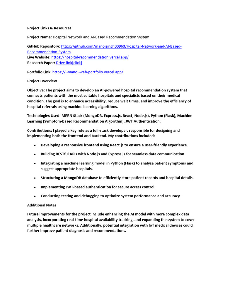 AI Hospital Recommendation System Project | PDF