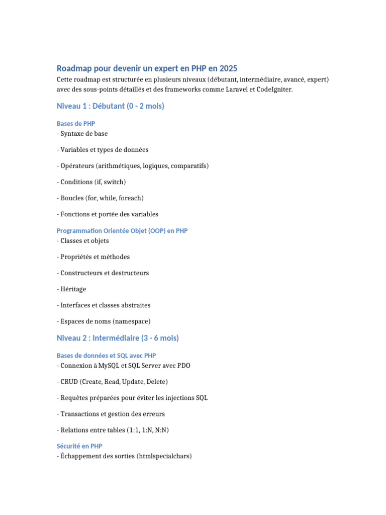 Devenir expert en PHP : roadmap 2025 | PDF