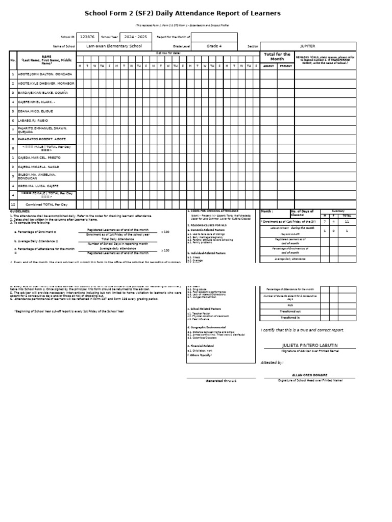SF2 - 2024 - Grade 4 - JUPITER | PDF | Social Policy | Human Life Stages