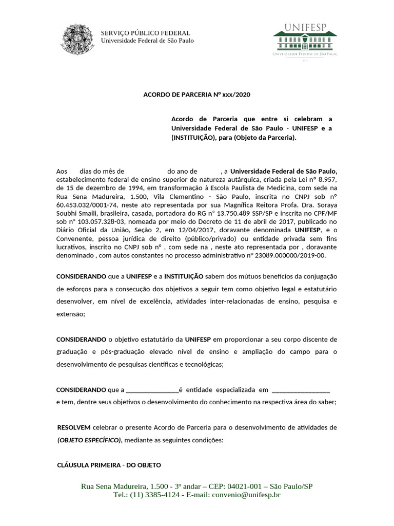 Acordo de Parceria UNIFESP 2020 | PDF | Patente | Confidencialidade