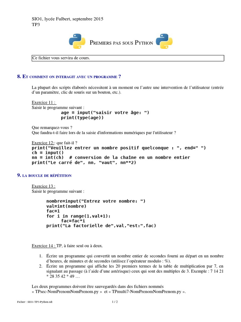 Premiers pas en Python : Interactions et listes | PDF