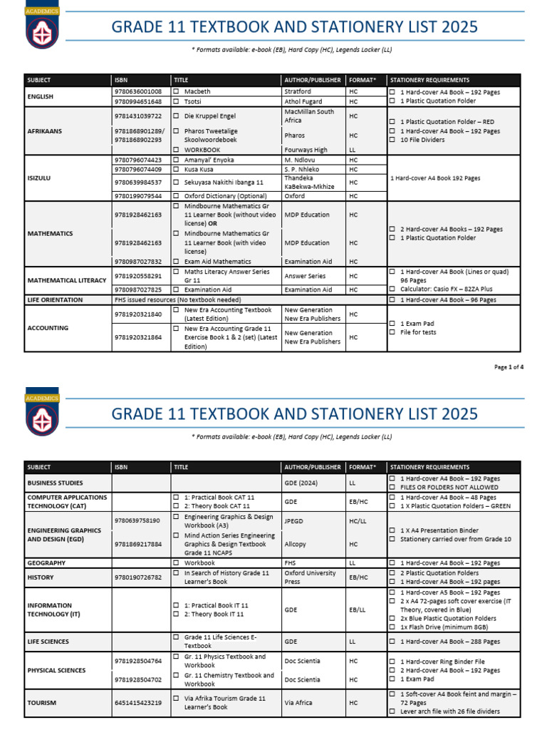 FHS - Grade 11 Textbook List 2025 | PDF | Pencil | Textbook
