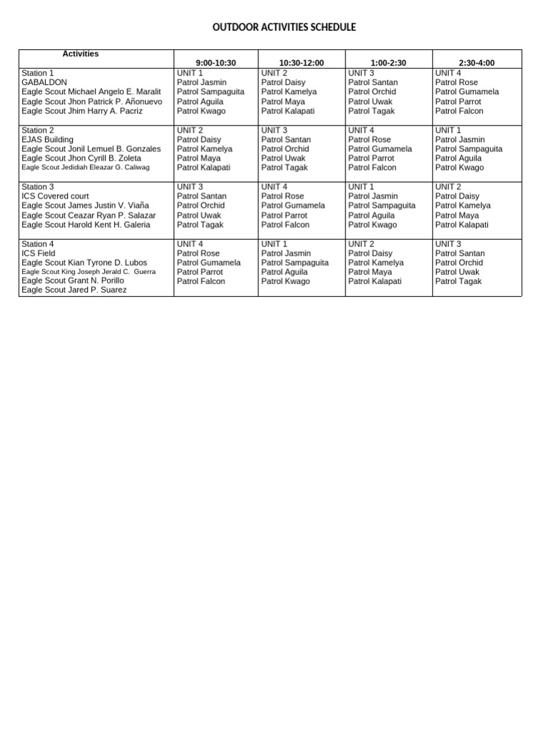 Outdoor Activities Schedule 2024 | PDF