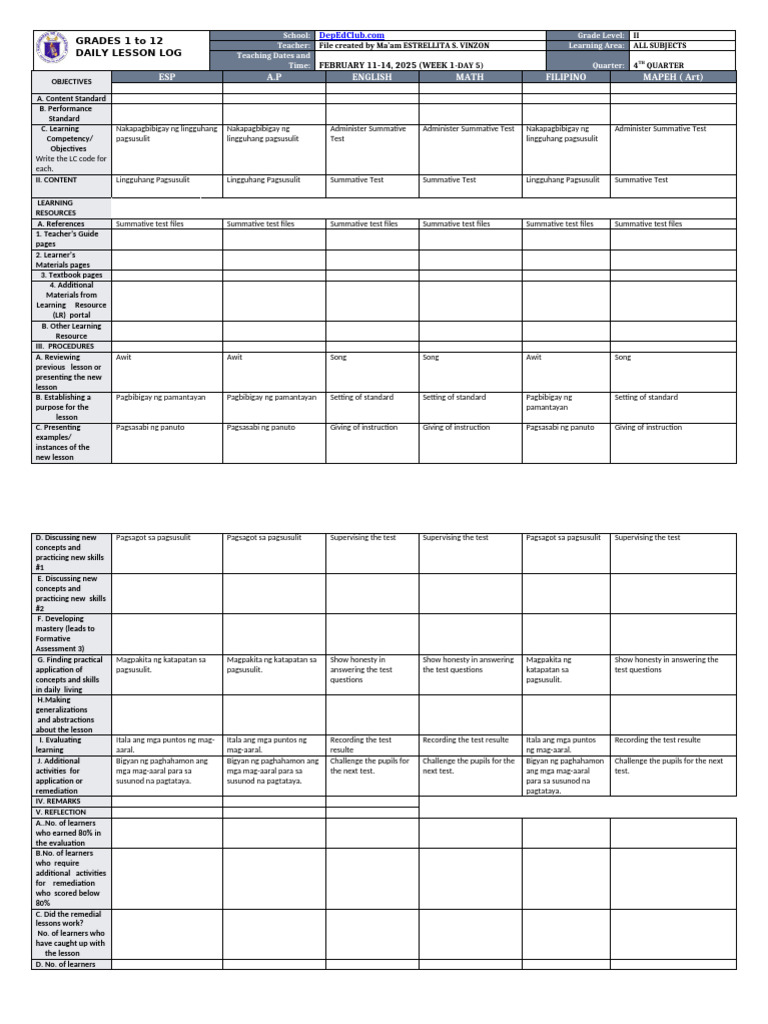 Grade 2 Daily Lesson Log Template | PDF | Learning | Human Communication