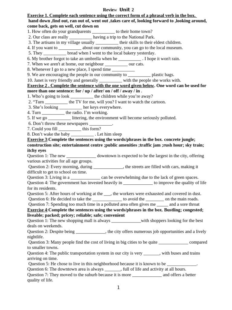 Phrasal Verb and Sentence Completion Exercises | PDF | Cost Of Living ...