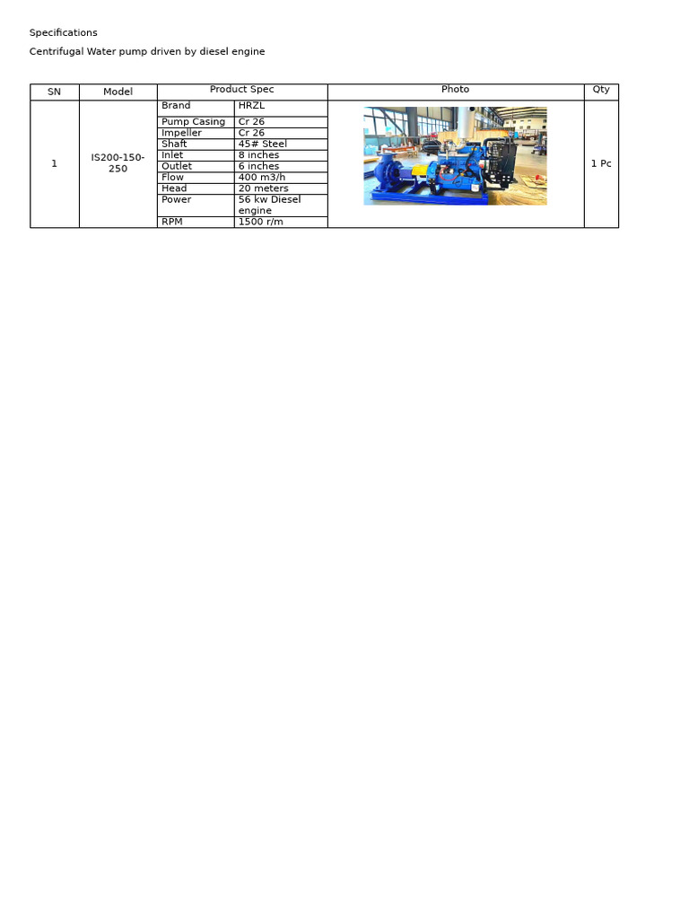 Diesel Centrifugal Pump Specifications | PDF