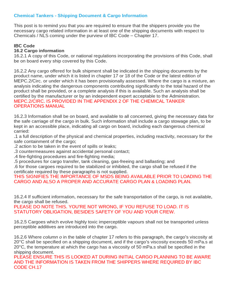 Chemical Tanker Cargo Documentation Guide | PDF | Cargo | Oil Tanker