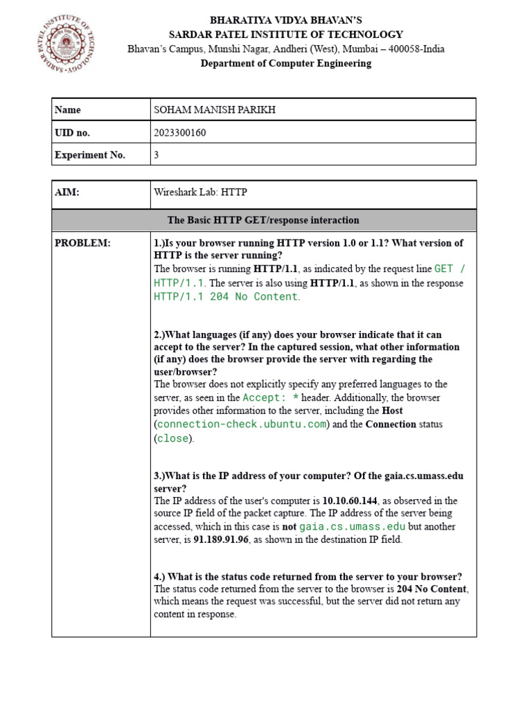 Wireshark Lab: HTTP Analysis by Soham | PDF | Transmission Control ...