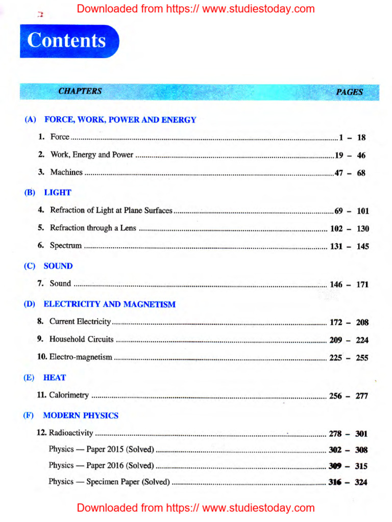 ICSE Selina Class 10 Physics Concise Selina Contents | PDF