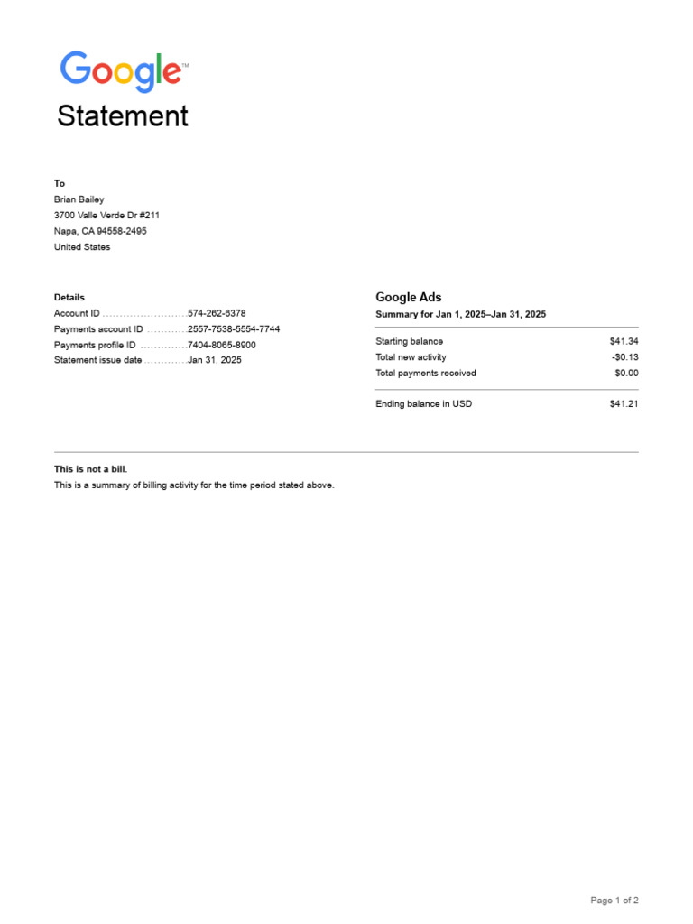 Google Ads Billing Statement Summary | PDF