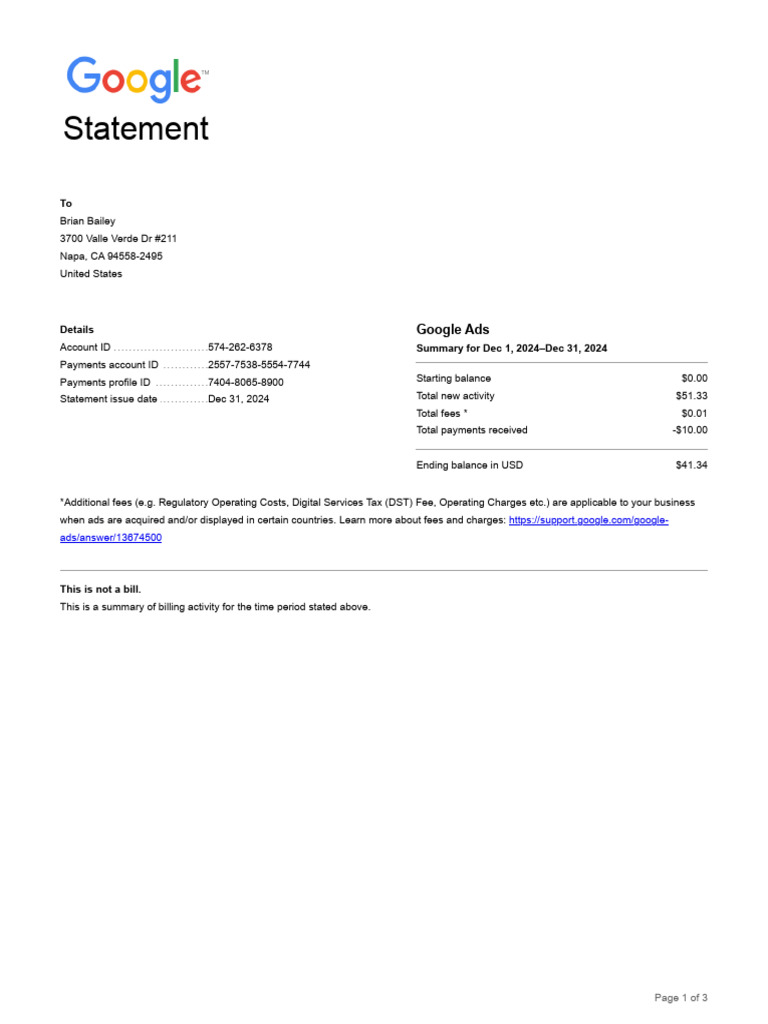 Google Ads Statement Summary for 2024 | PDF | Payments | Money