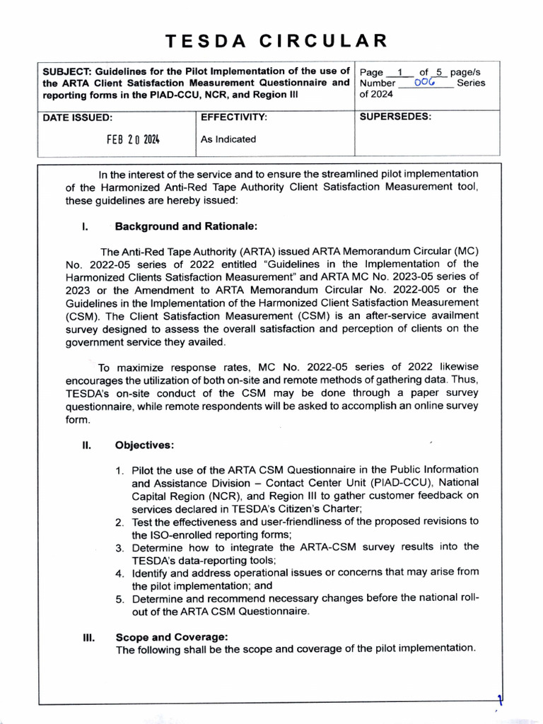 TESDA Guidelines for Client Satisfaction Survey | PDF | Usability