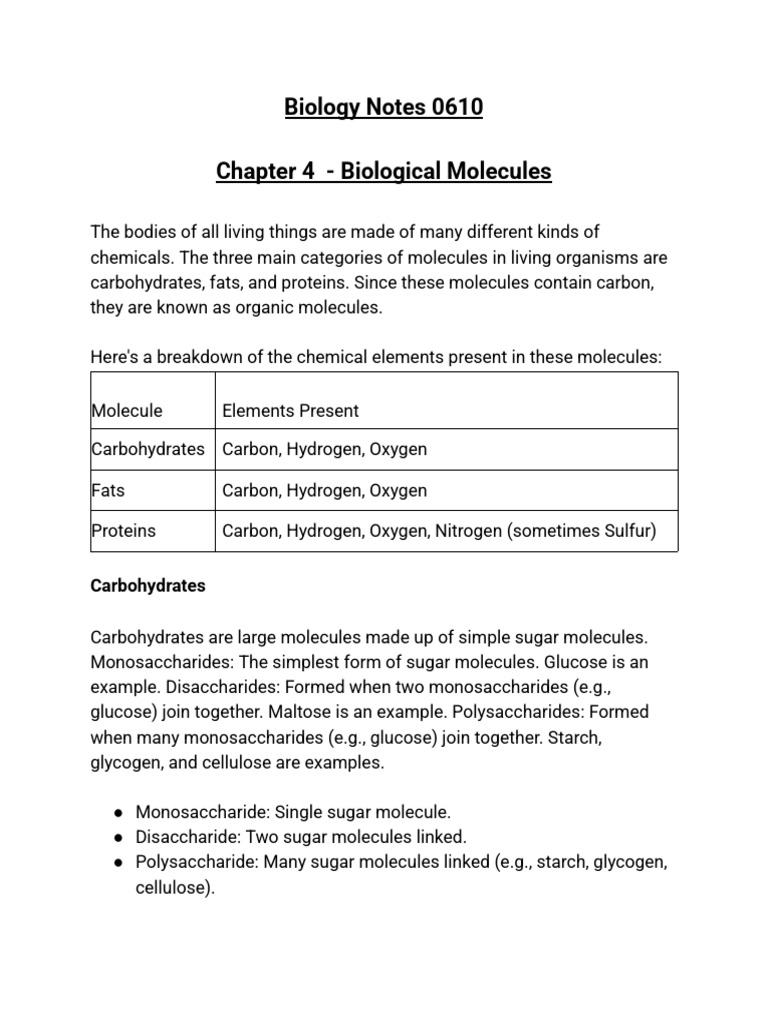 Chapter 4: Biological Molecules Overview | PDF | Carbohydrates ...