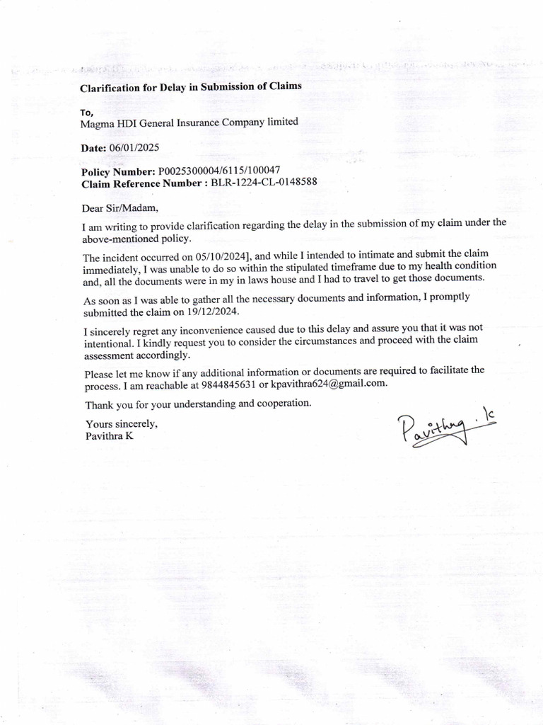 Clarification From The Insured For Delay in Submission of Claims | PDF