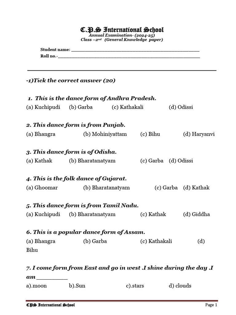 Class 2 General Knowledge Exam 2024-25 | PDF