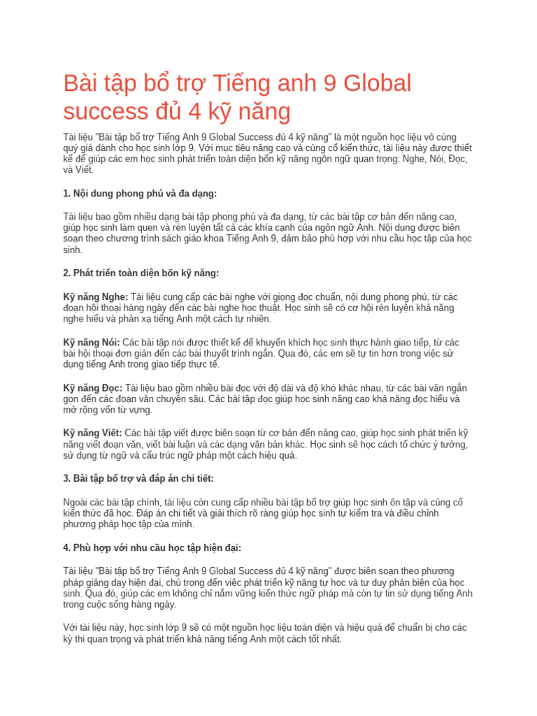 Bài Tập Bổ Trợ Tiếng Anh 9 Global Success Đủ 4 Kỹ Năng | PDF