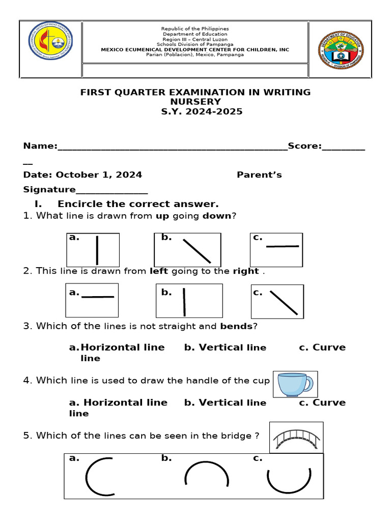 Nursery Writing Exam: Line Recognition | PDF
