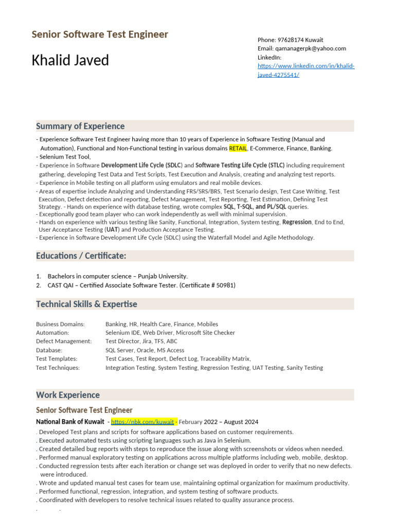 Senior Software Test Engineer Profile | PDF | Software Testing ...