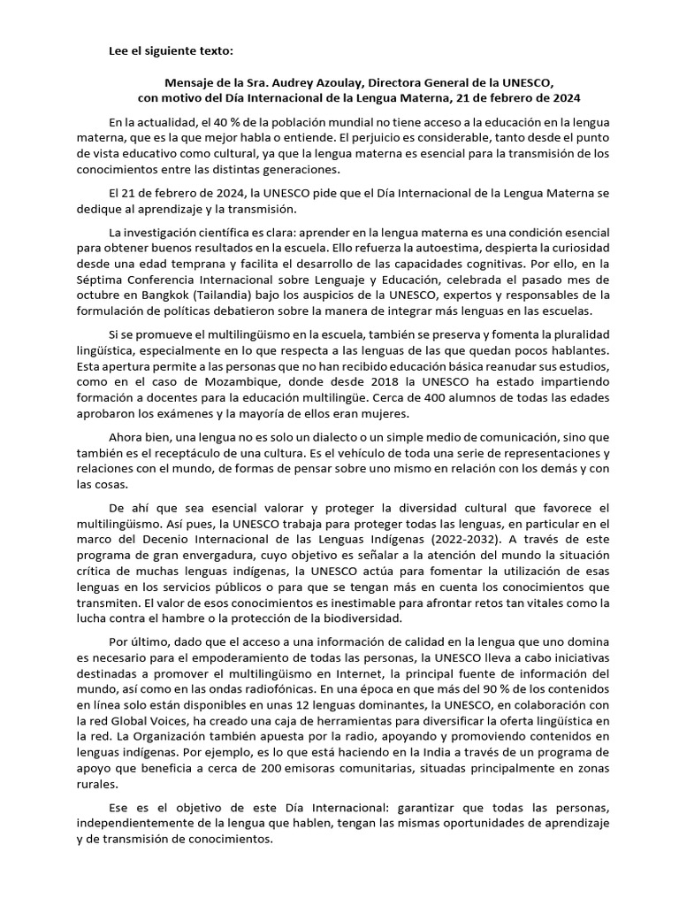 Día Internacional de La Lengua Materna | PDF | Multilingüismo | Primer ...