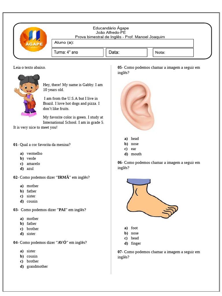 Prova de Inglês para 5º Ano | PDF