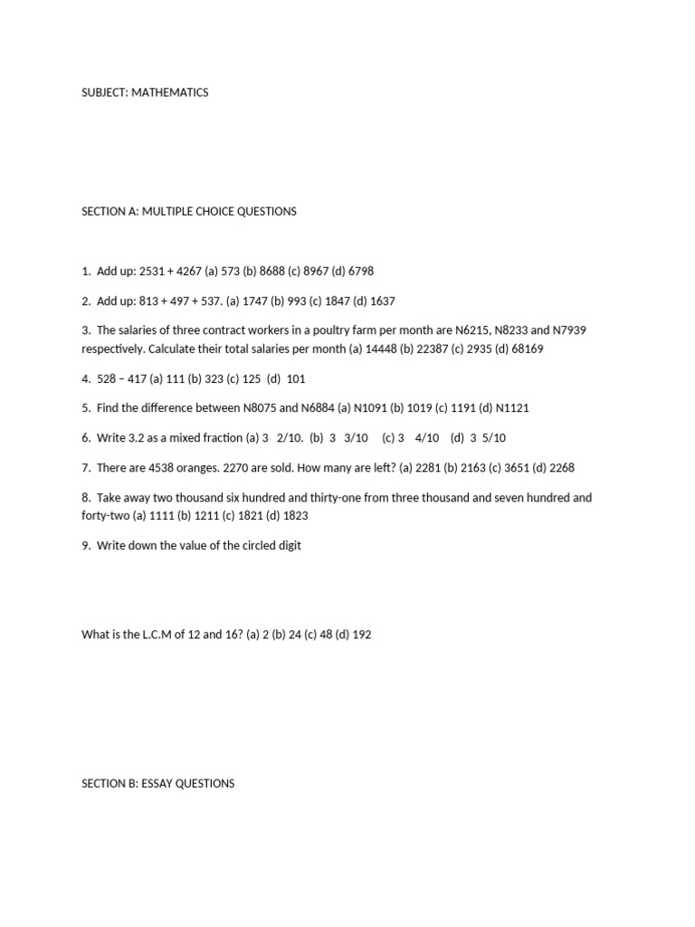 Mathematics Multiple Choice & Essay Questions | PDF