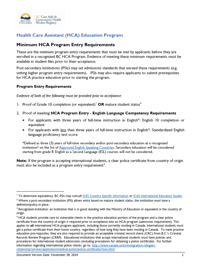 BC HCA Program Entry Requirements | PDF | International English ...