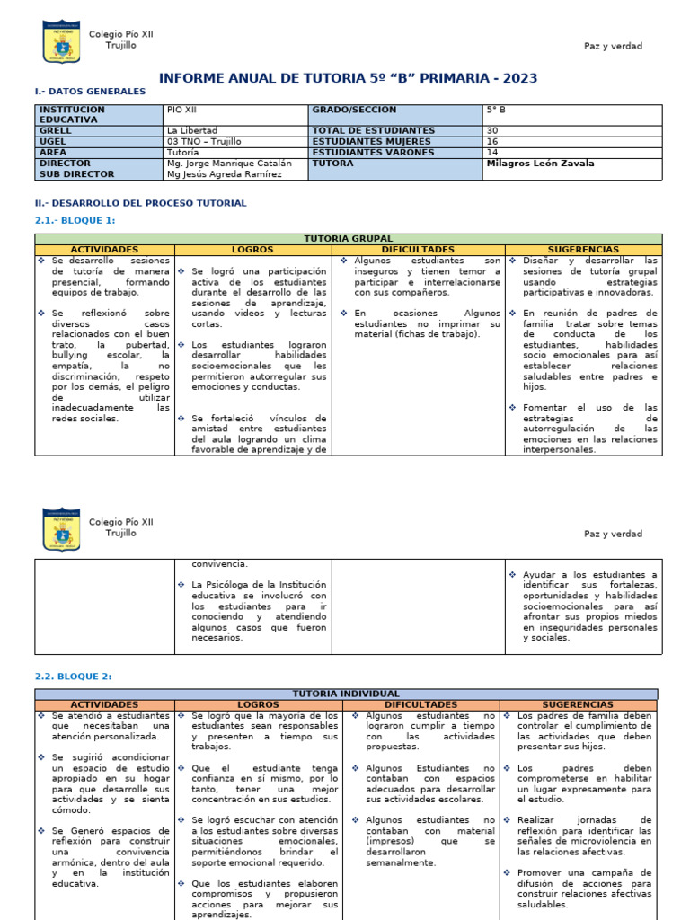 Informe Final de Tutoria 2023 5B | PDF | Autorregulación emocional ...